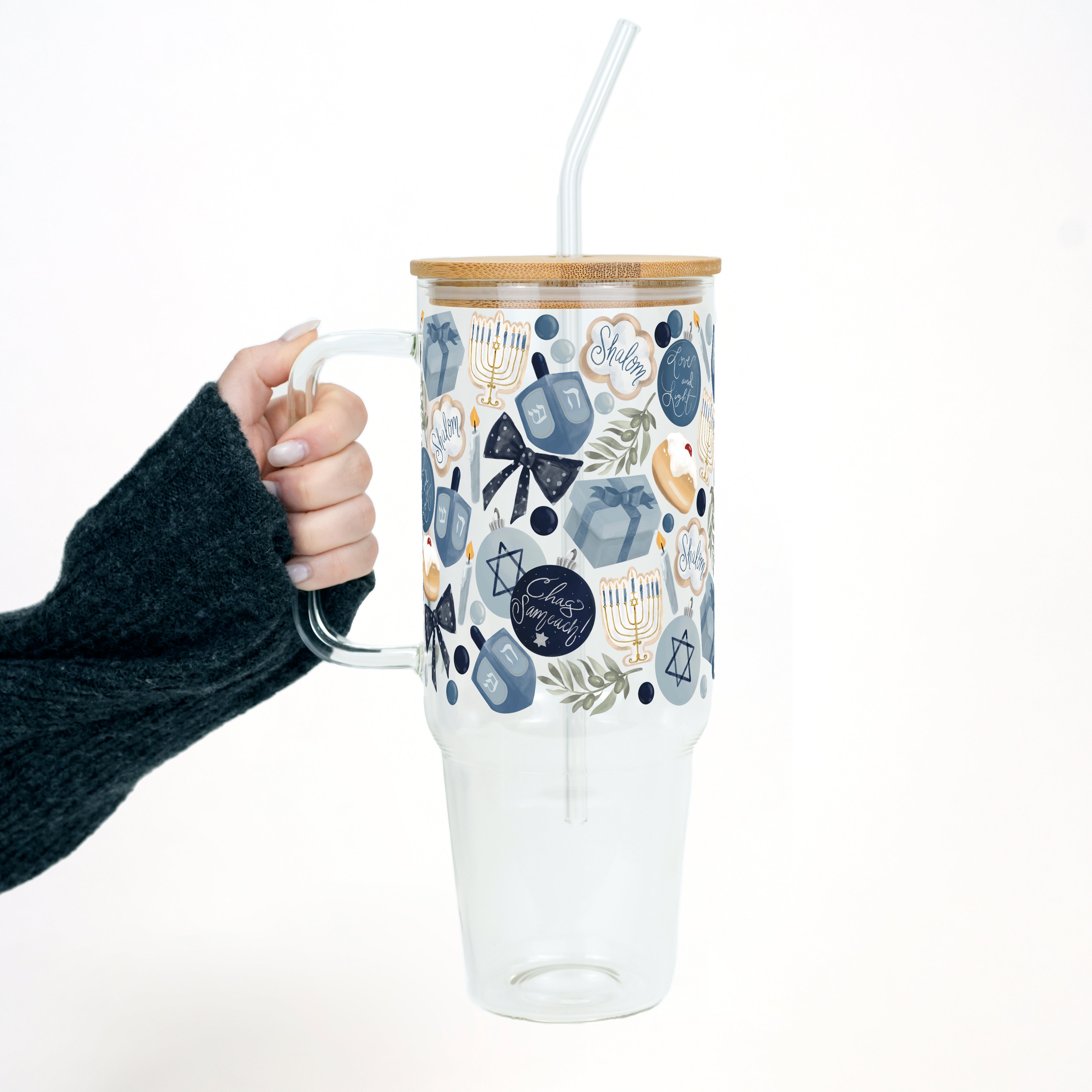 Cozy Hanukkah Tumbler with Handle Lid & Straw