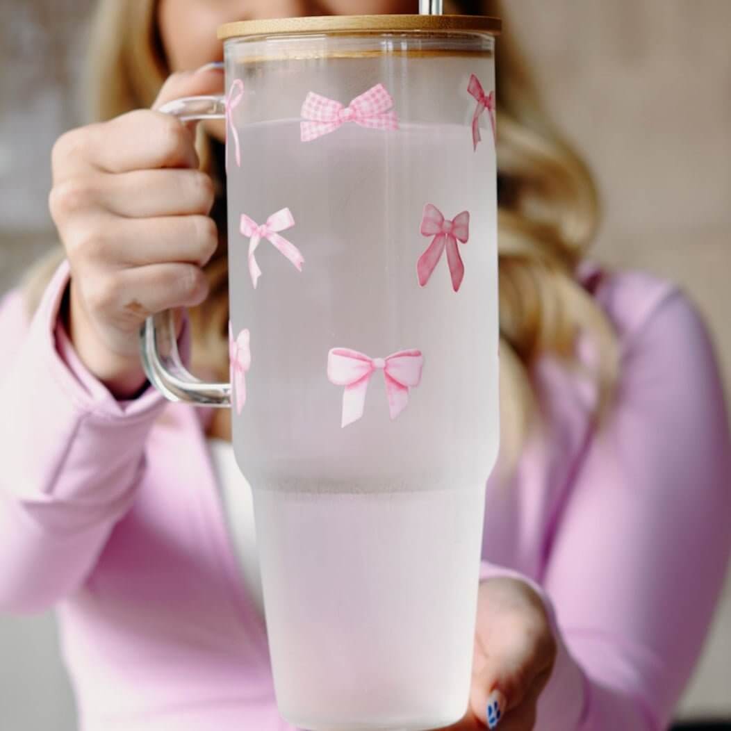 Pink Coquette Bows 40oz Glass or Plastic Tumbler With Lid and Straw from Sip Sip Hooray – Drinkware