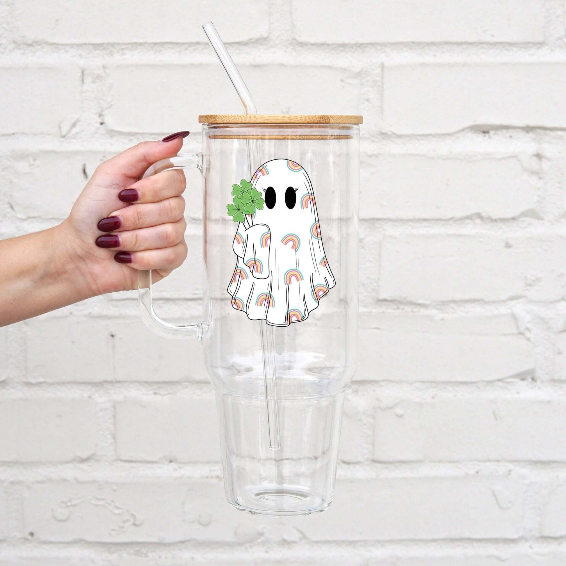 St Patricks Day Shamrock Ghost 40oz Glass Tumbler with Lid and Straw from Sip Sip Hooray – Drinkware