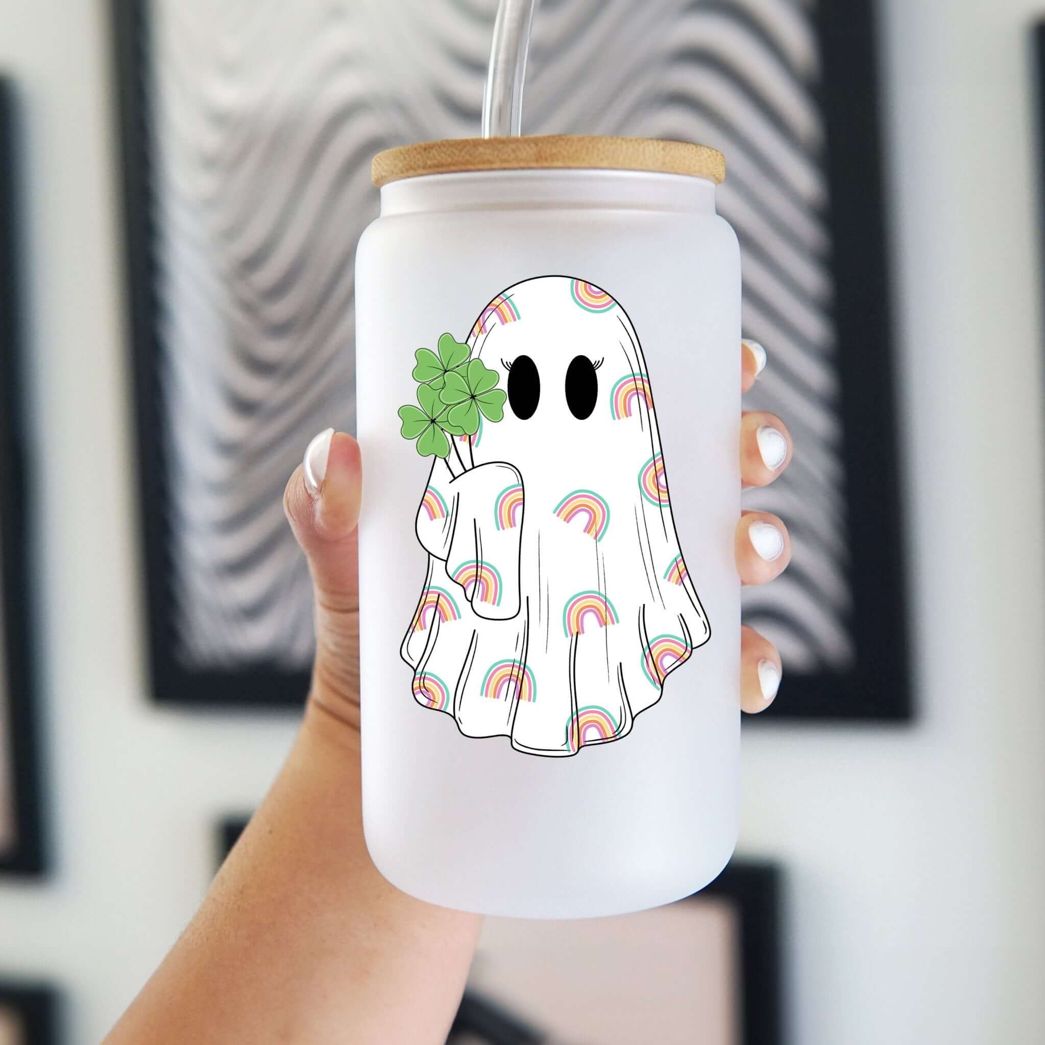 St Patrick's Day Shamrock Ghostie Cup with Lid and Straw
