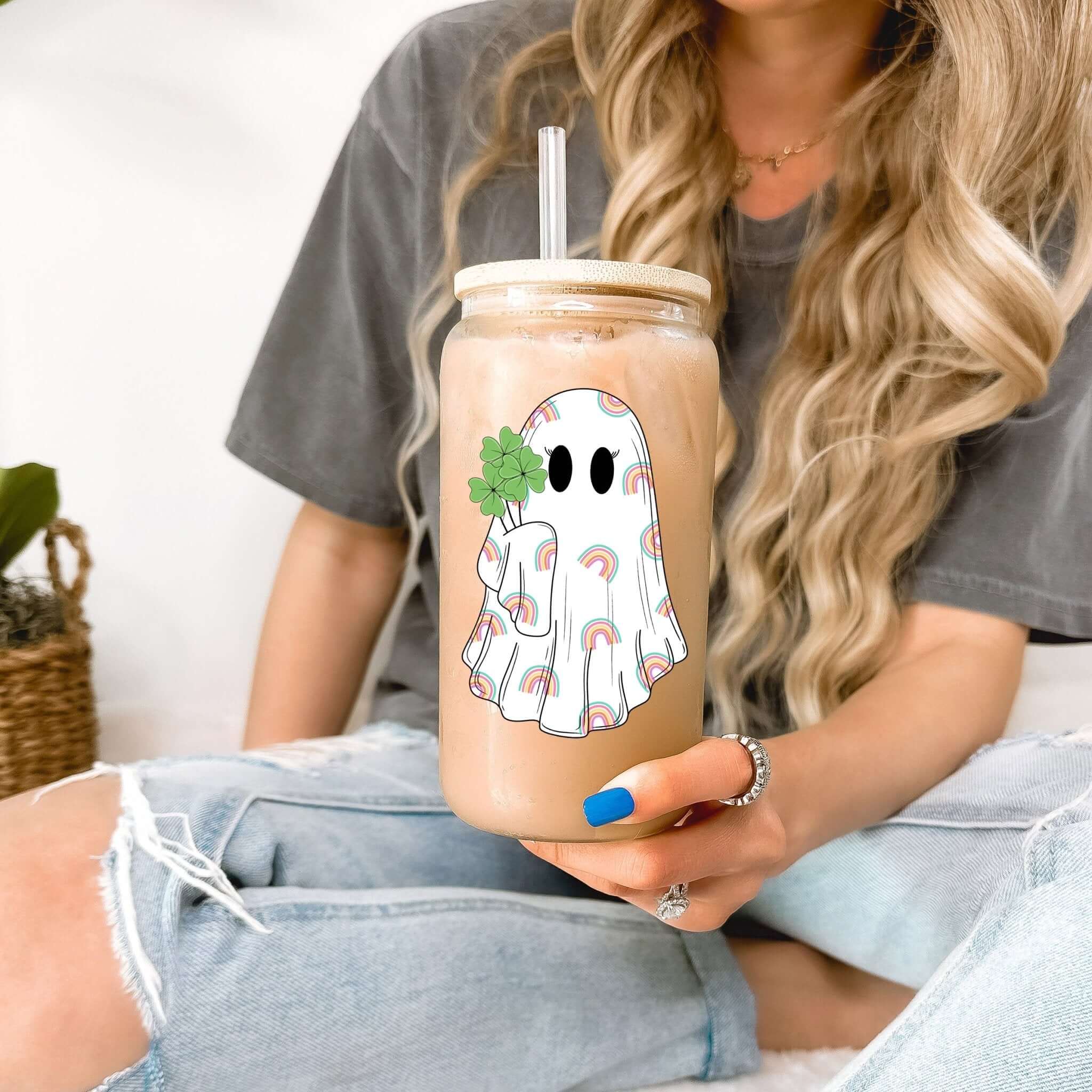 St Patrick's Day Shamrock Ghostie Cup with Lid and Straw