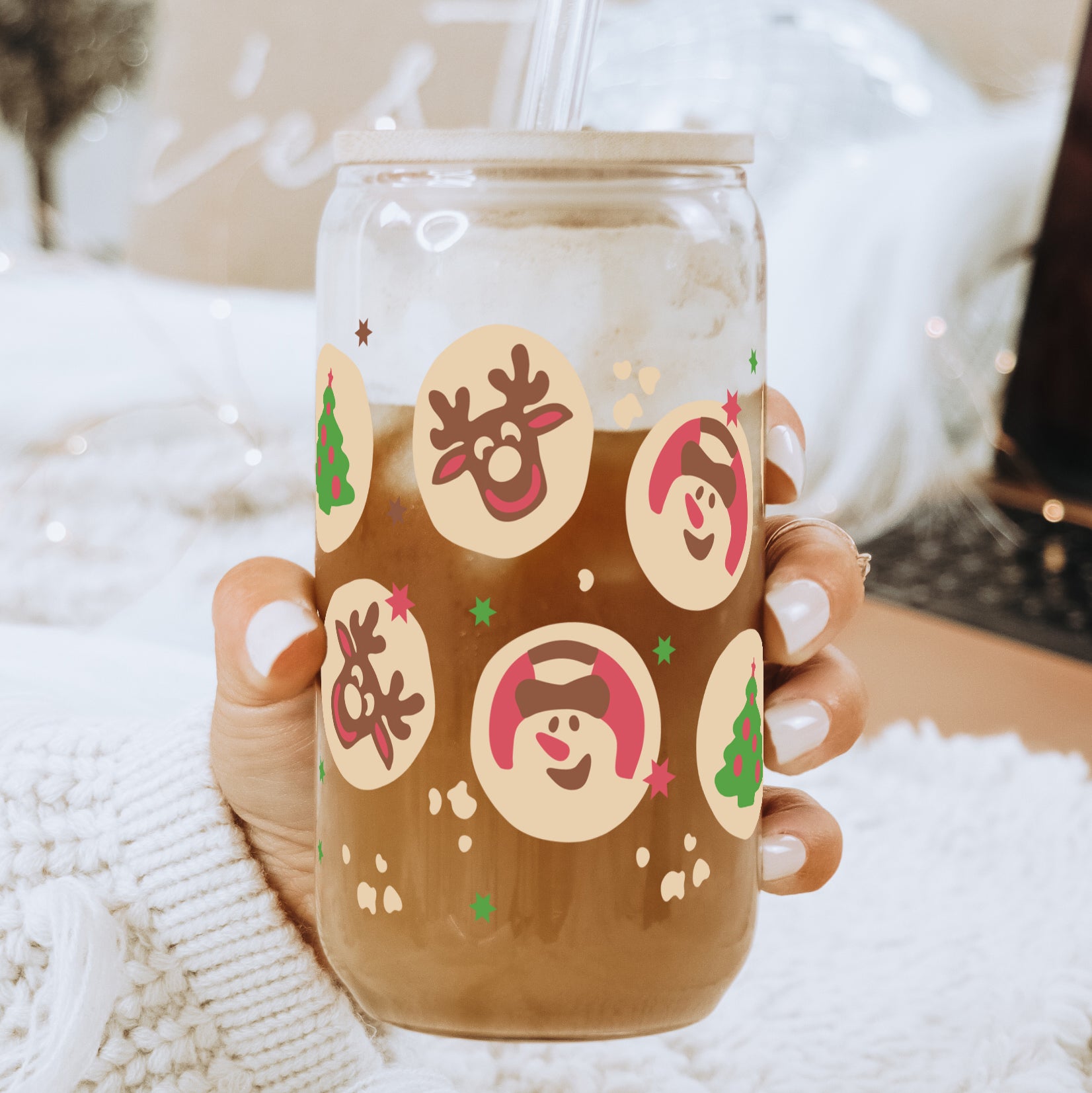 Christmas Sugar Cookies 16oz Glass Can Cup with Lid and Straw