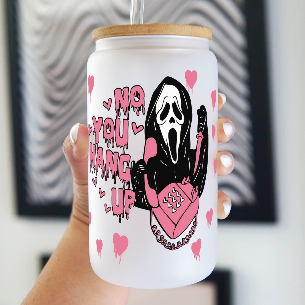 Pink Ghost Halloween Glass Iced Coffee Cup With Bamboo Lid & Glass