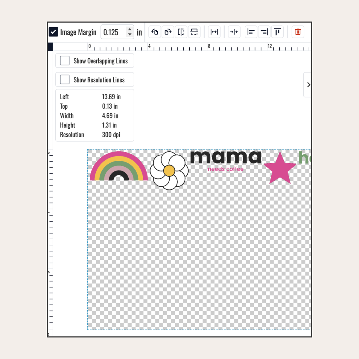 The gang sheet builder nesting five uploaded designs on a 23 by 12 inch DTF sheet
