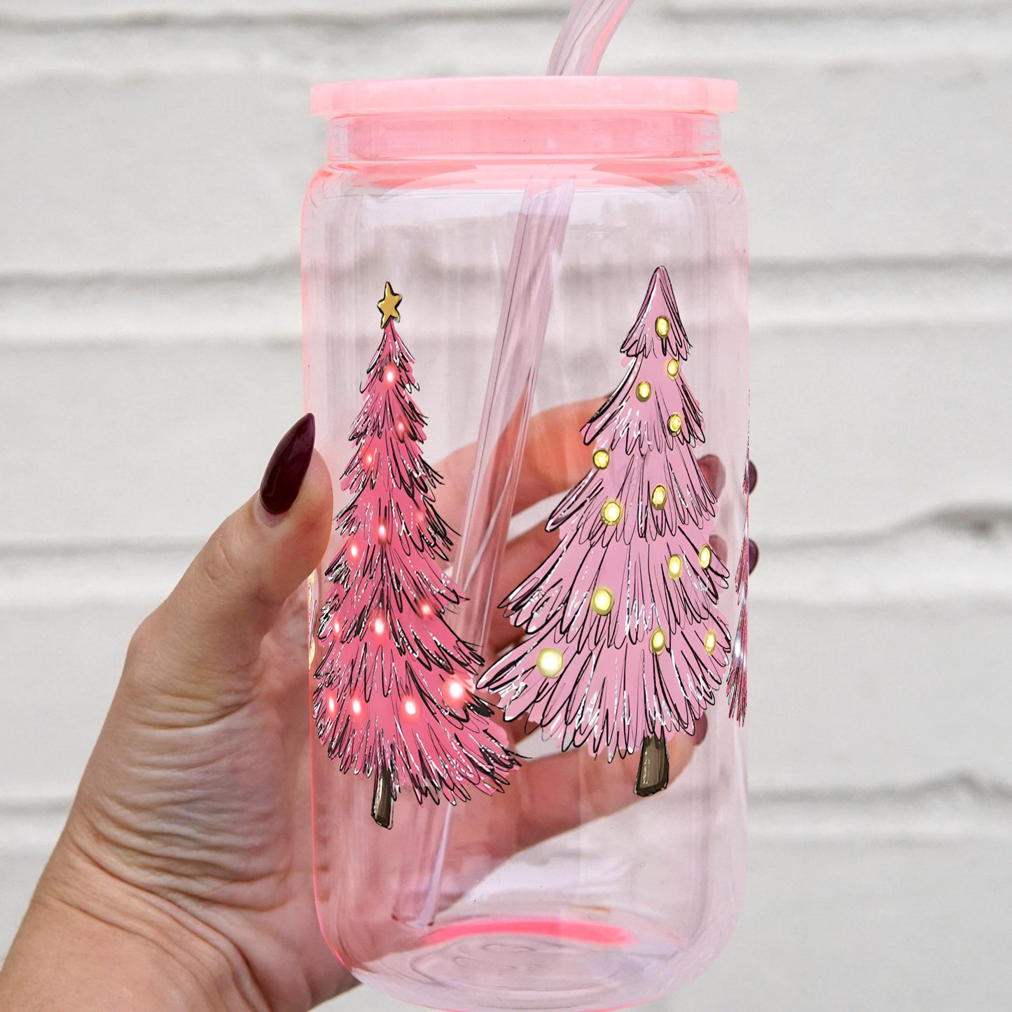 Pink Christmas Trees 16oz With Lid and Straw