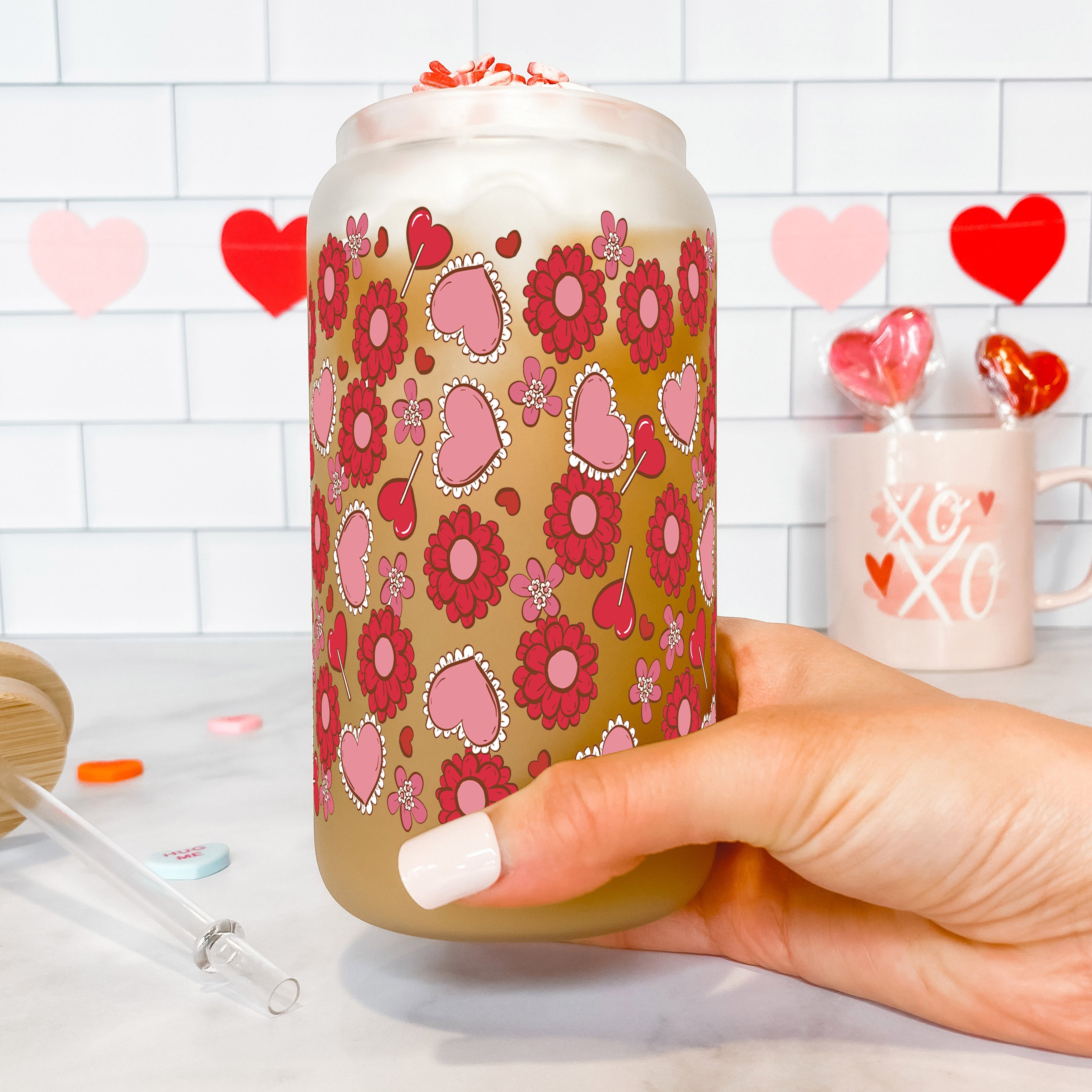 Valentine's Day Flowers and Candy Can Cup With Lid and Straw