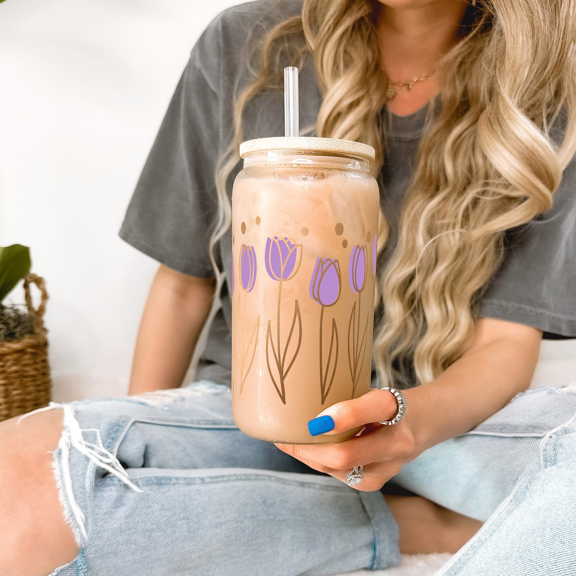 Purple Tulip Glass Can Cup With Lid and Straw