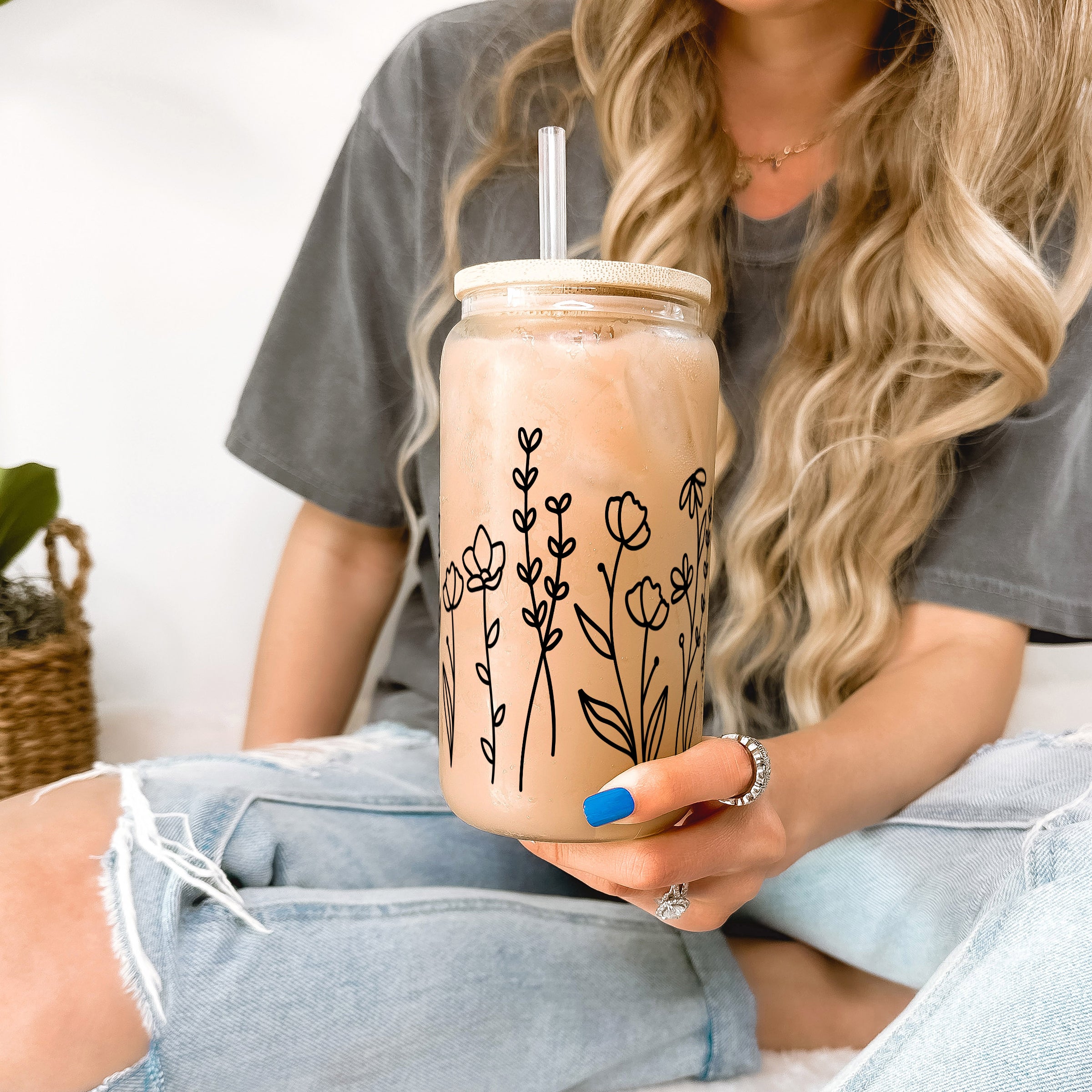 Black Wildflower Glass Can Cup With Lid and Straw