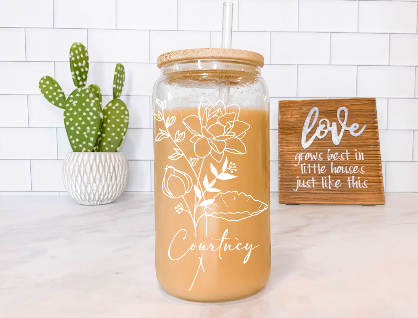 16oz Personalized Birth Flower Glass Can Cup with Lid and Straw,Gifts for Her, Birth Flower Cup, Birthday gifts for women