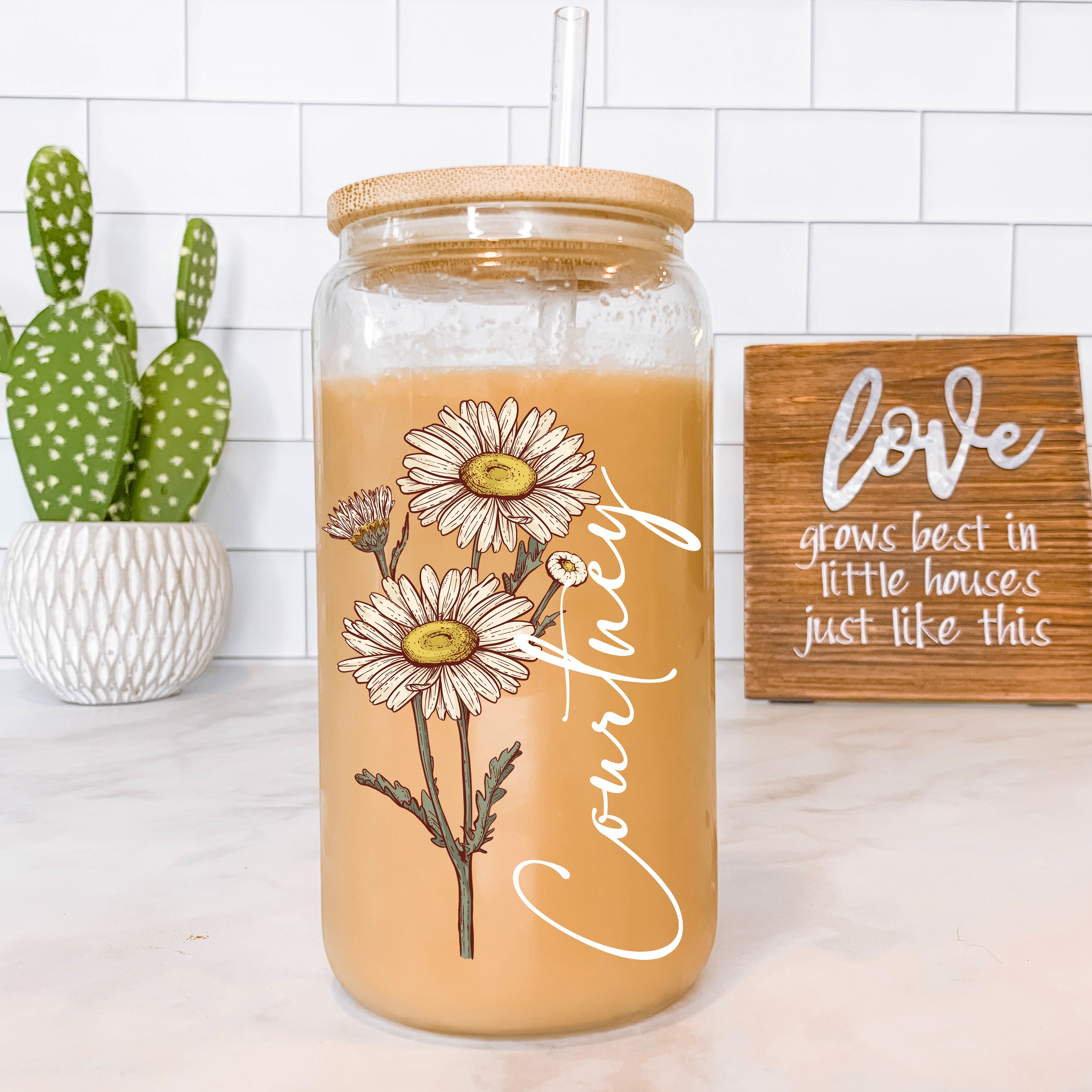 Personalized Color Birth Flower Glass Can Cup with Lid and Straw