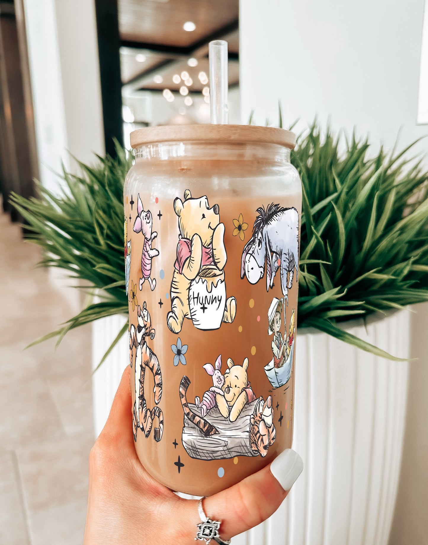 Winnie The Pooh 16oz Glass Can With Lid and Straw