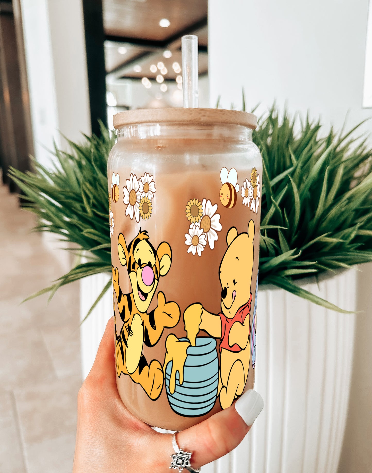 Winnie the Pooh Kids 16oz Glass Cup With Lid and Straw