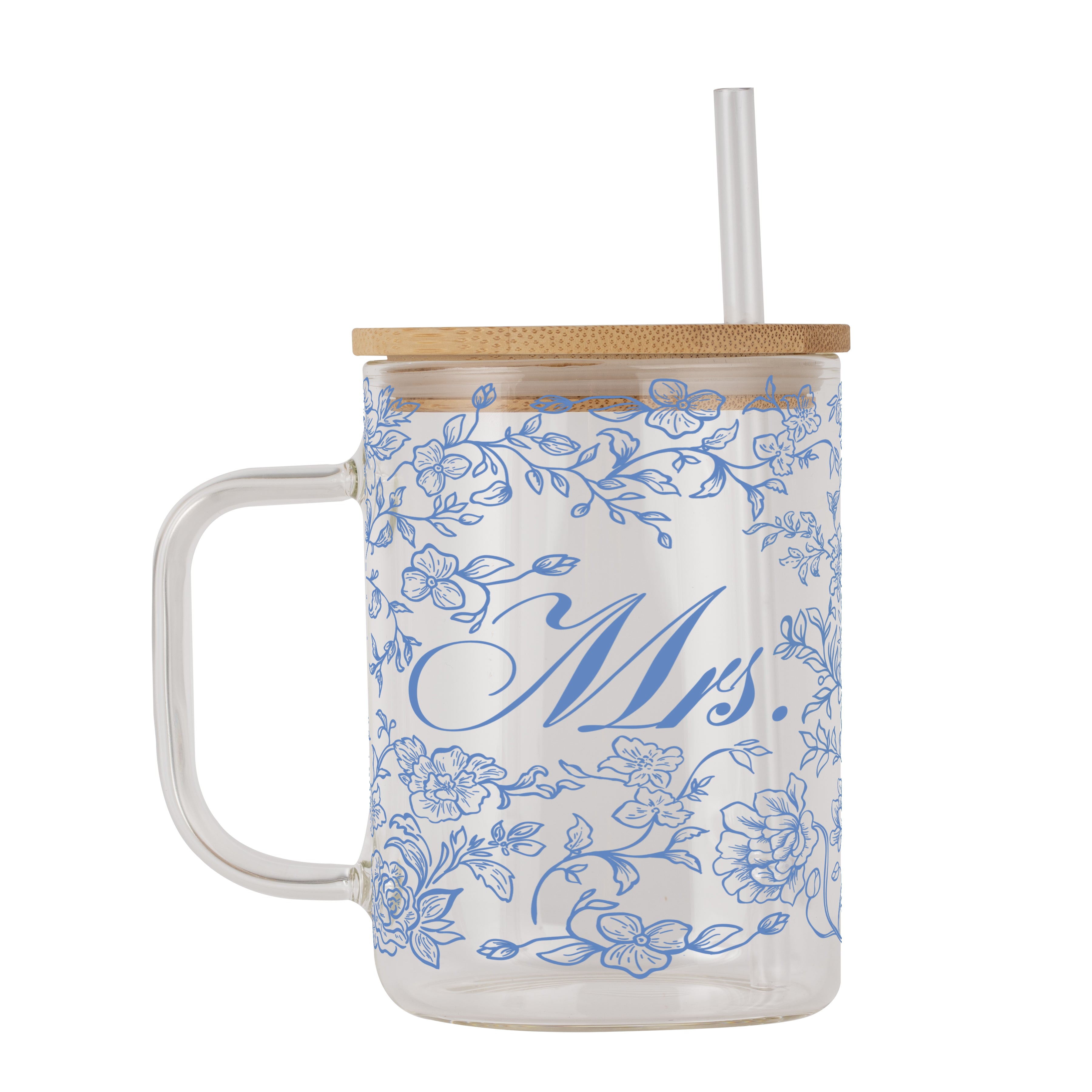 Mrs Chinoiserie Bridal Clear Glass Mug With Lid & Straw Non Personalized or Personalized