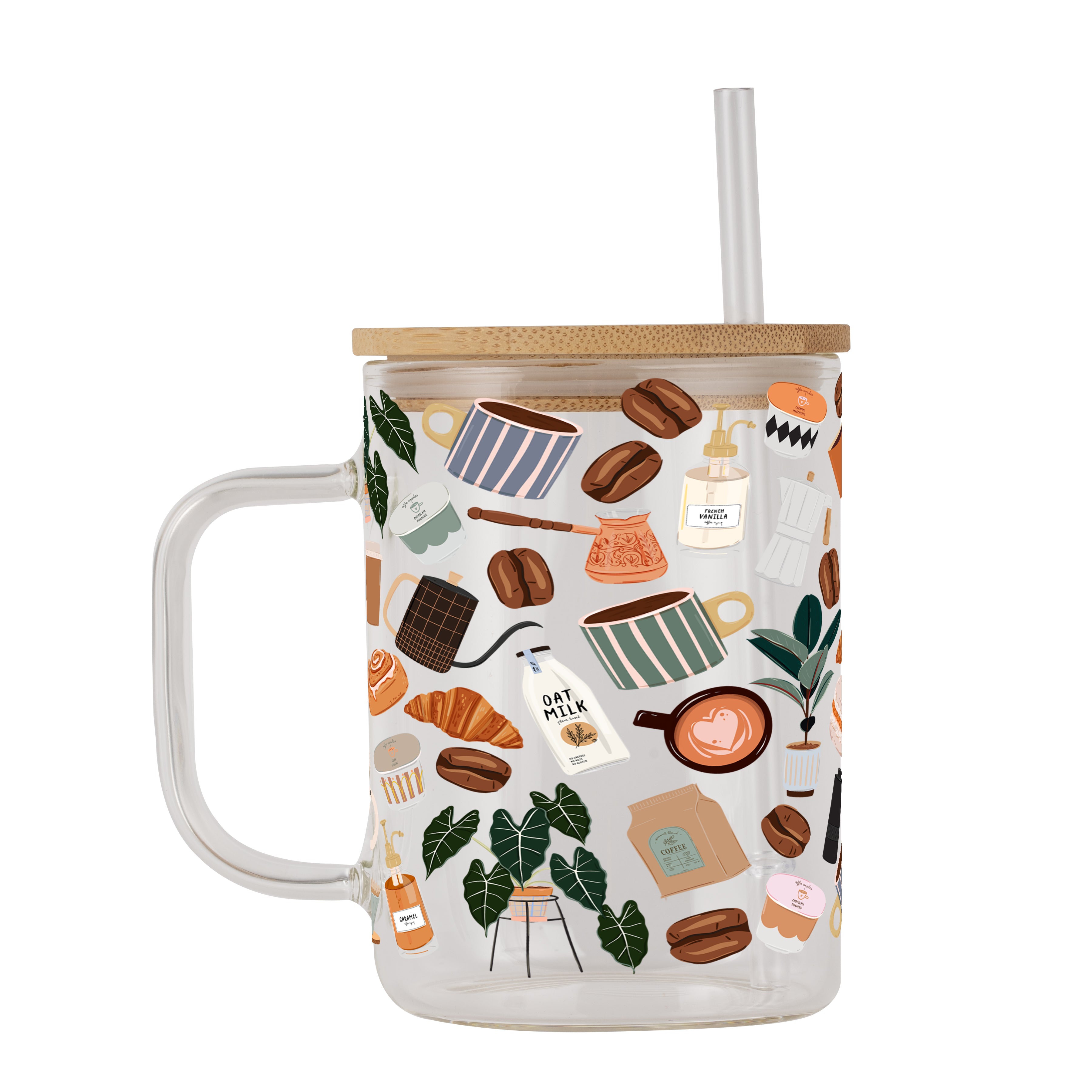 Cafe Cutie Clear Glass Mug with Lid & Straw