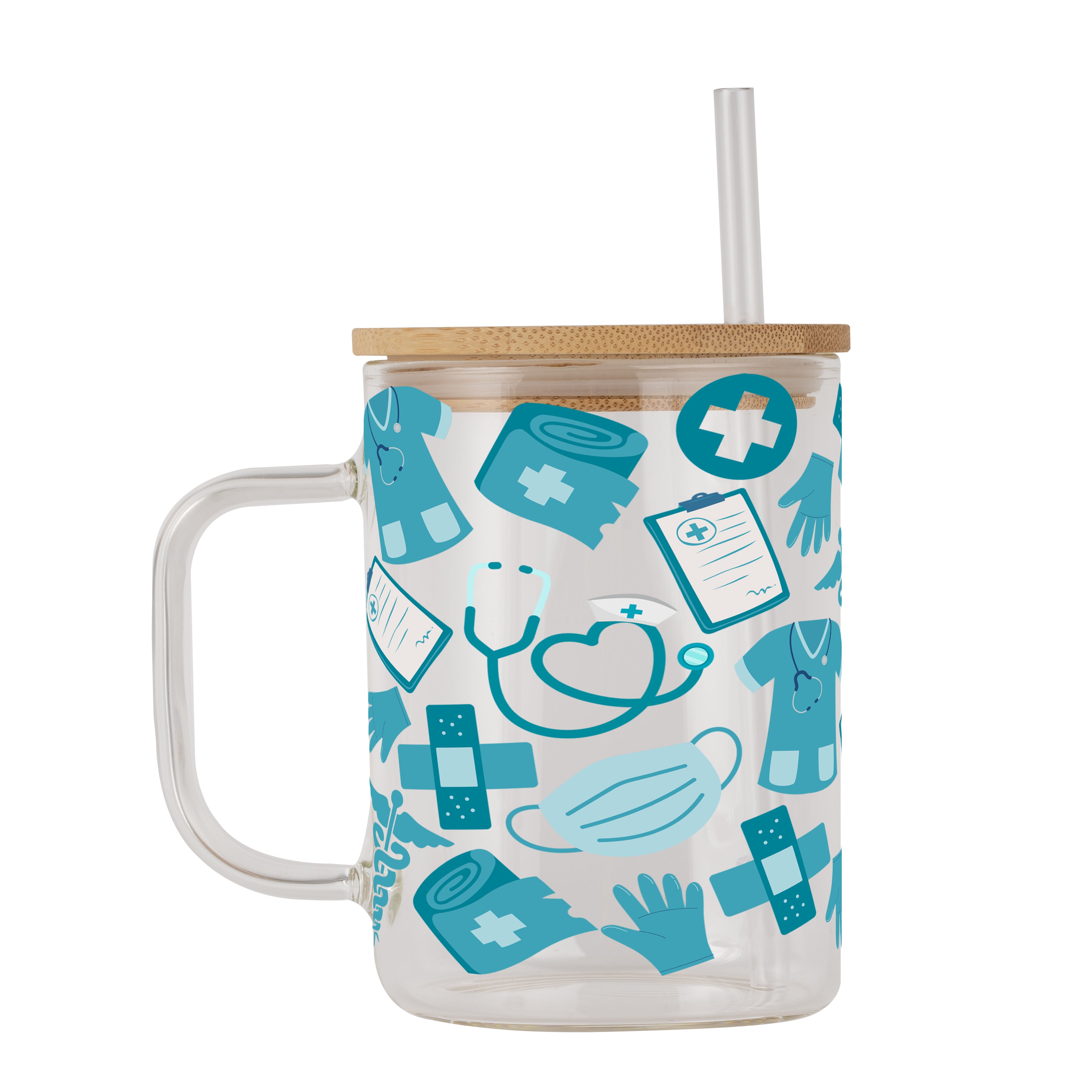Blue Medical Glass Cup, Mug & Tumbler with Lid and Straw