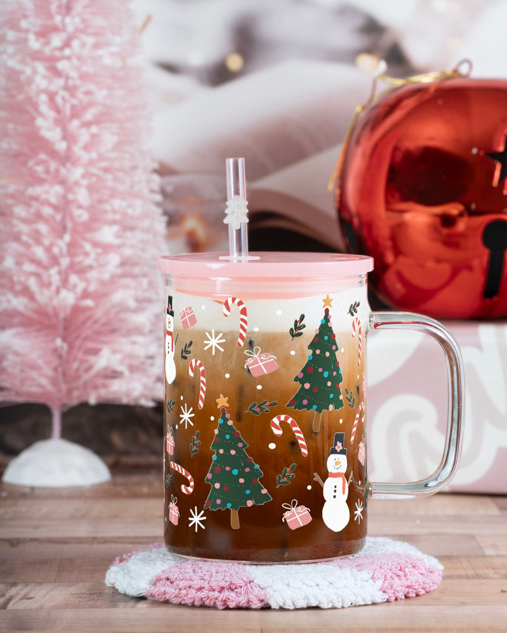Jolly Little Christmas 17oz Gift Bundle original UVDTF-printed design on a handmade glass tumbler with bamboo lid and straw by Sip-Sip Hooray!