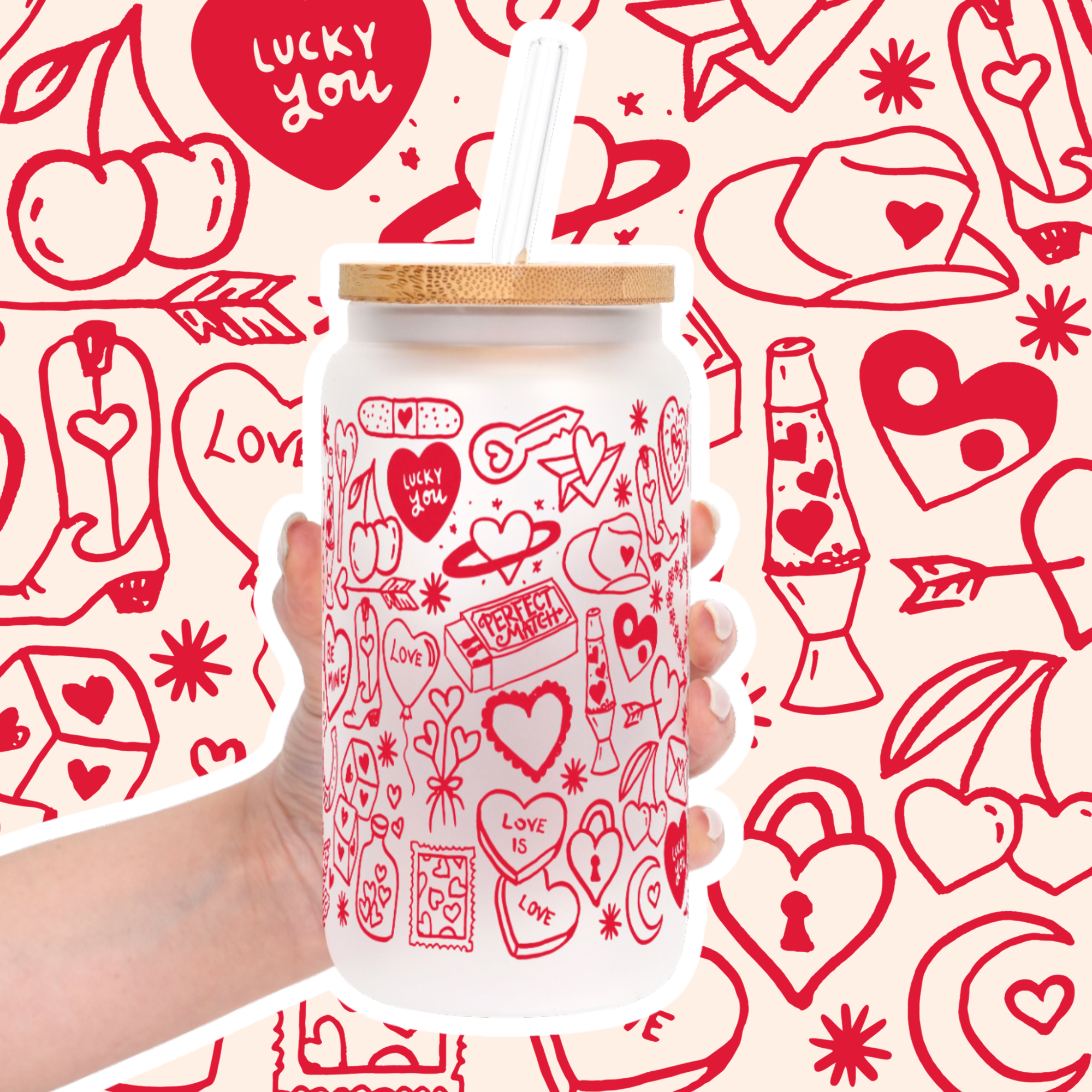 Red Tiny Tattoo Cup with Lid & Straw