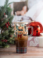 Plaid Teddy Christmas 32oz glass tumbler with plaid silicone boot, bamboo lid and straw
