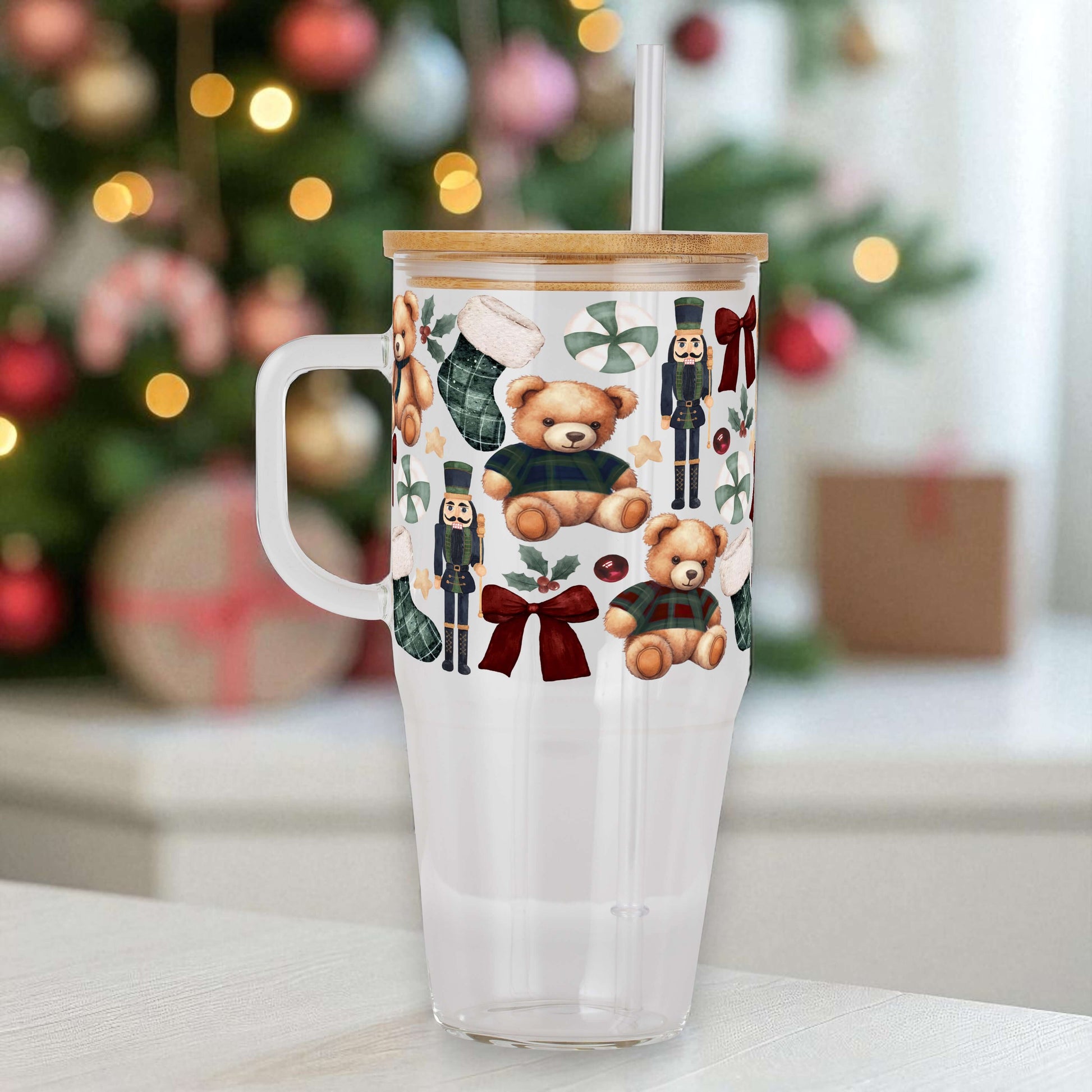 Plaid Teddy Christmas 40oz Tumbler with Handle Lid & Straw | Sip Sip Hooray