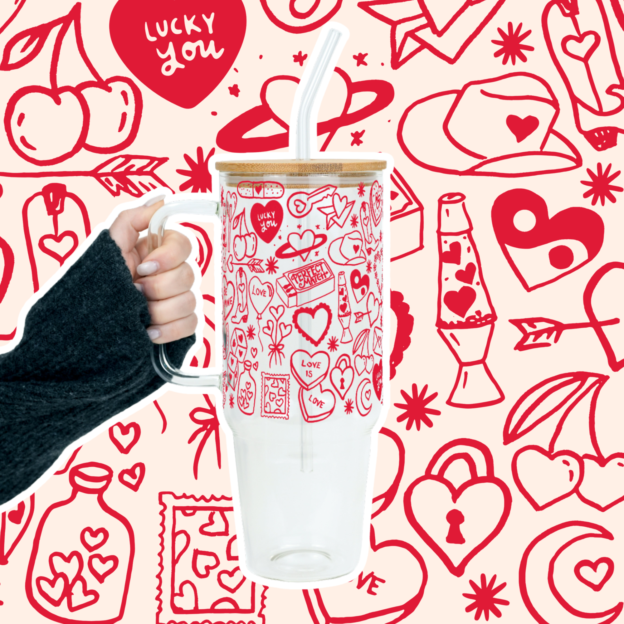 Red Tiny Tattoo Tumbler with Handle Lid & Straw