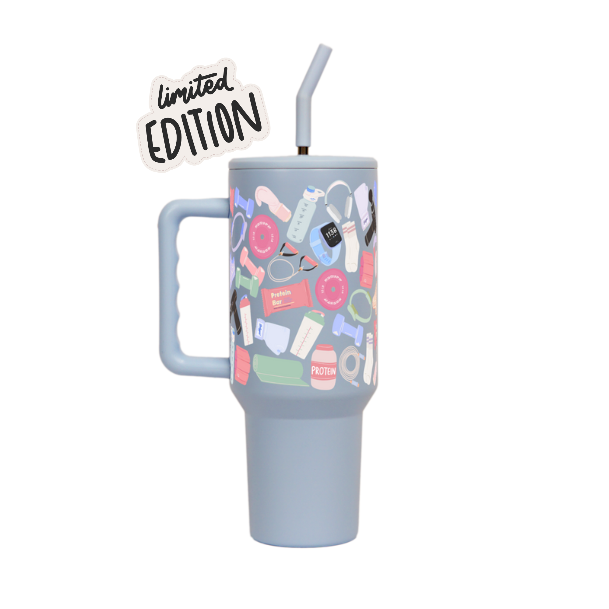 Limited Edition Metal: "Gym Essentials" Tumbler with Handle Lid & Straw