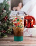 Christmas Trinkets 40oz glass tumbler with vintage ornaments and forest green silicone boot
