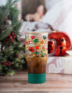 Christmas Trinkets 40oz glass tumbler with vintage ornaments and forest green silicone boot