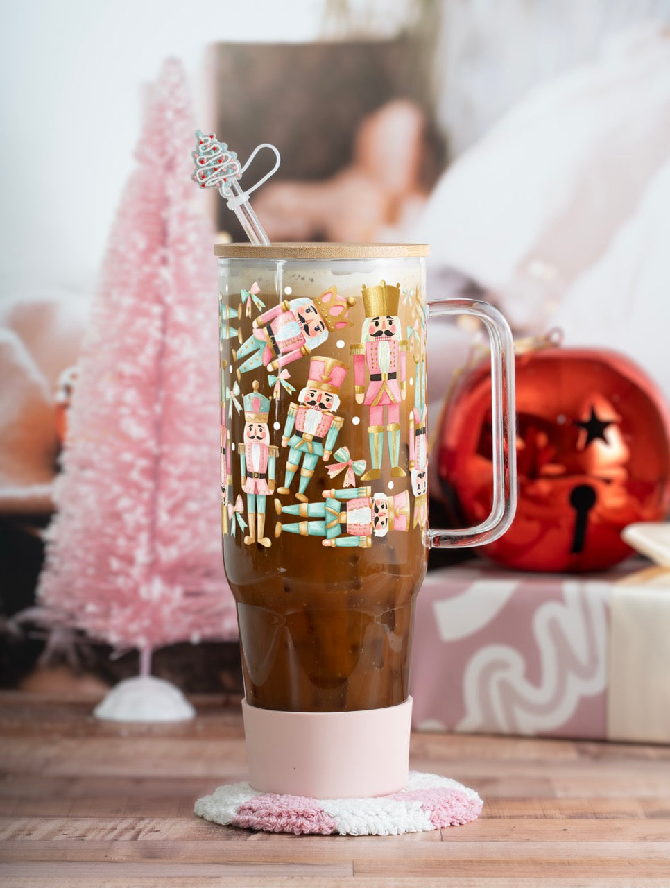 Pink Nutcracker 40oz glass tumbler with pink boot, peppermint mug rug and tree straw topper