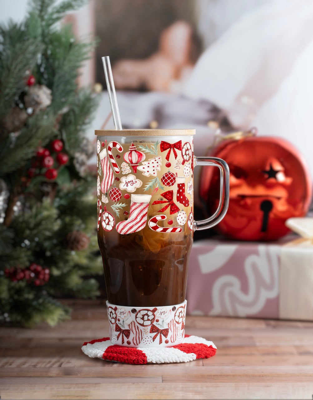 Cozy Red Christmas 32oz Gift Bundle original UVDTF-printed design on a handmade glass tumbler with bamboo lid and straw by Sip-Sip Hooray!