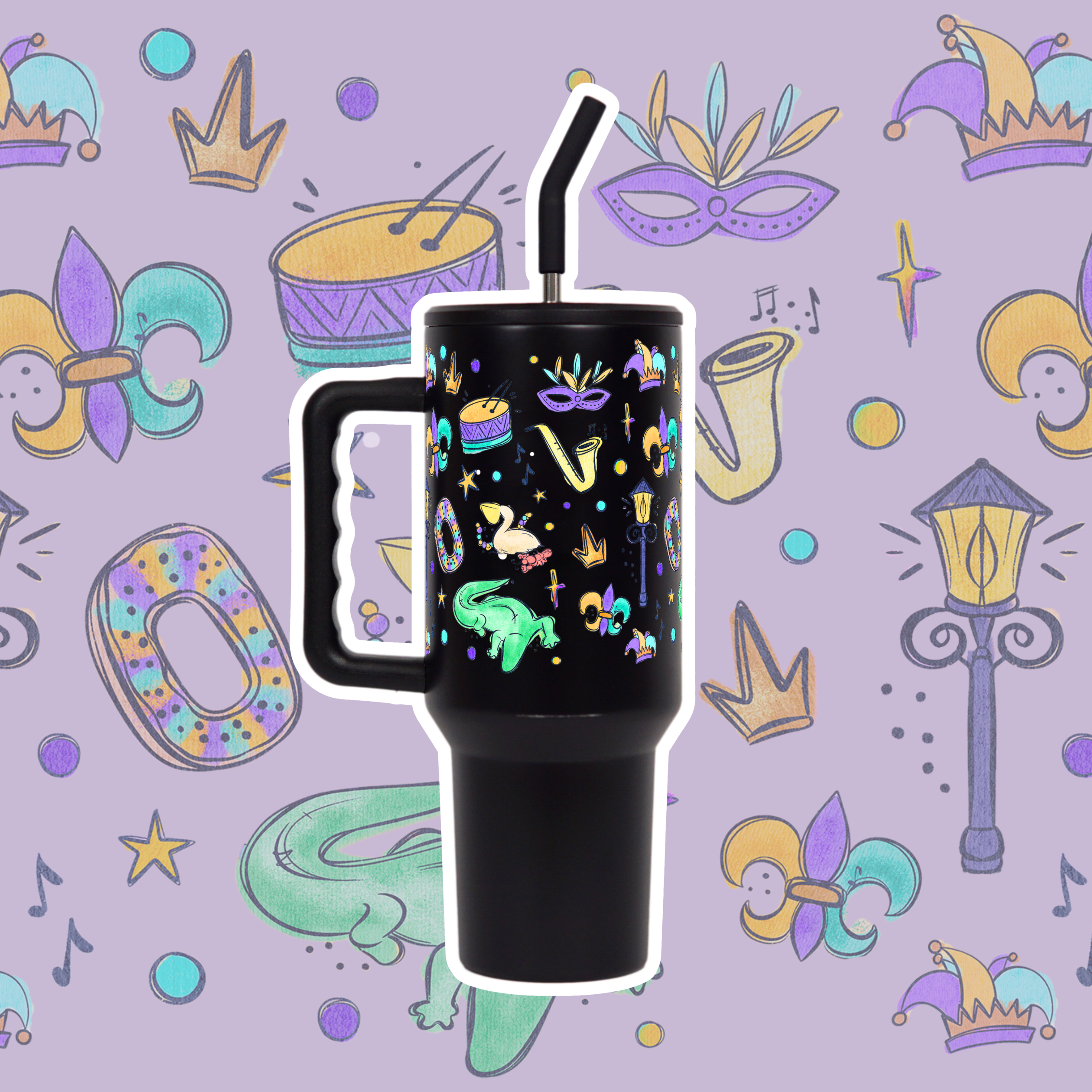 Limited Edition Metal: "Watercolor Mardi Gras" Tumbler with Handle Lid & Straw