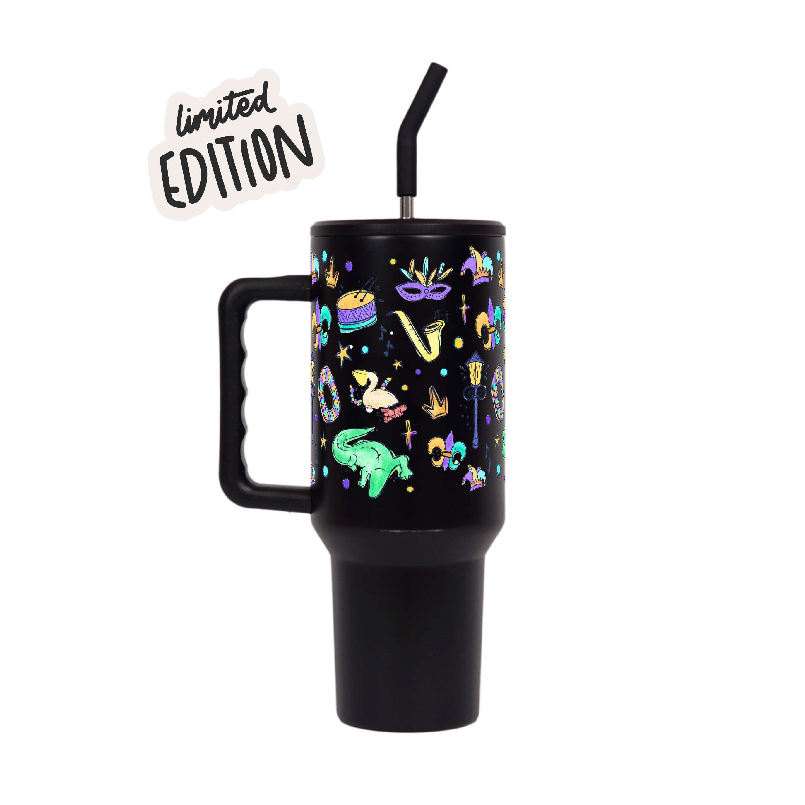 Limited Edition Metal: "Watercolor Mardi Gras" Tumbler with Handle Lid & Straw