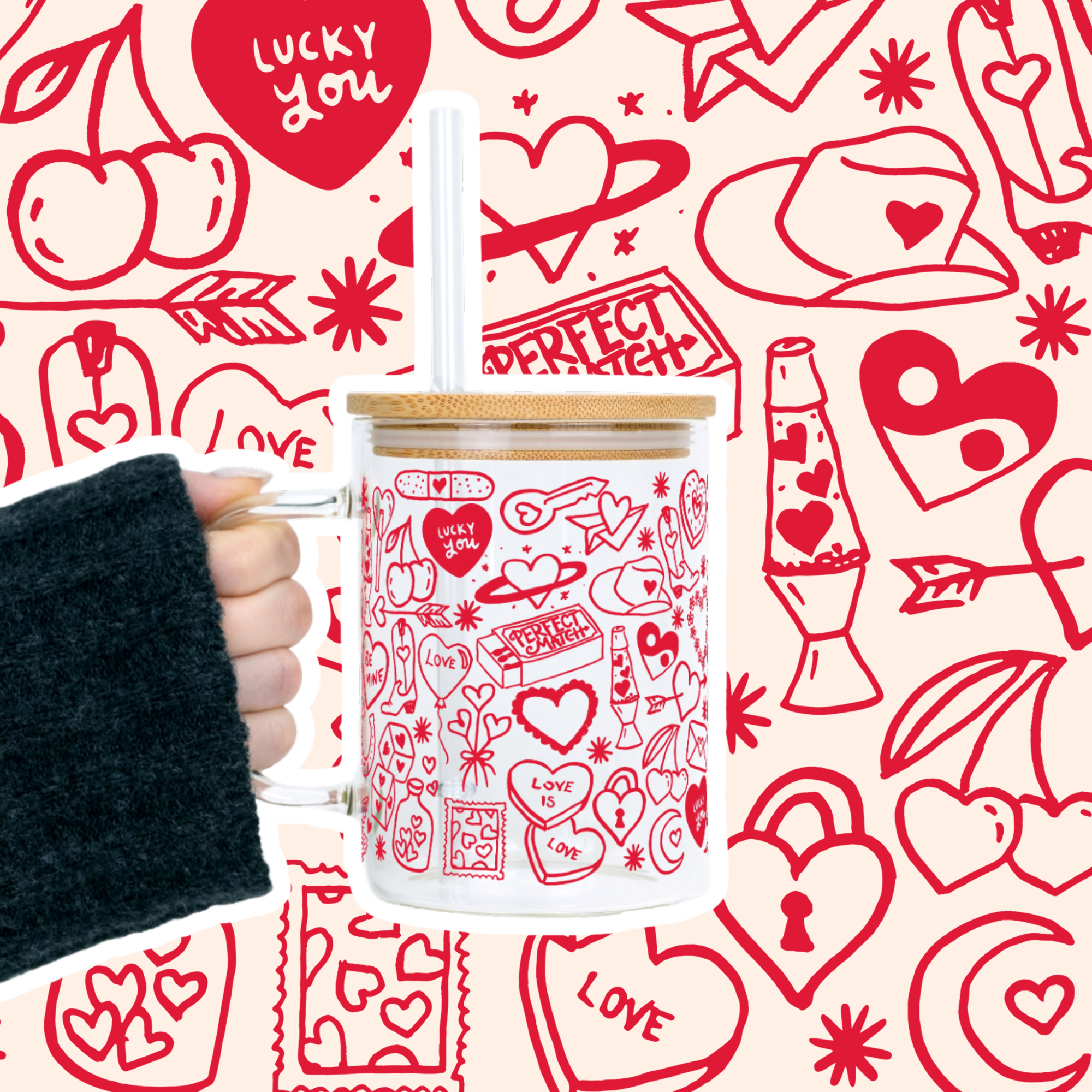 Red Tiny Tattoo Clear Glass Mug with Lid & Straw