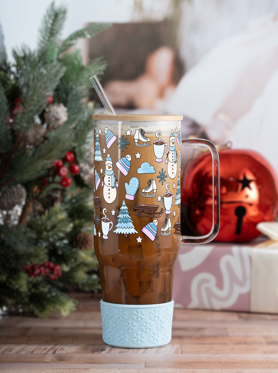 Blue Winter 40oz Gift Bundle original UVDTF-printed design on a handmade glass tumbler with bamboo lid and straw by Sip-Sip Hooray!