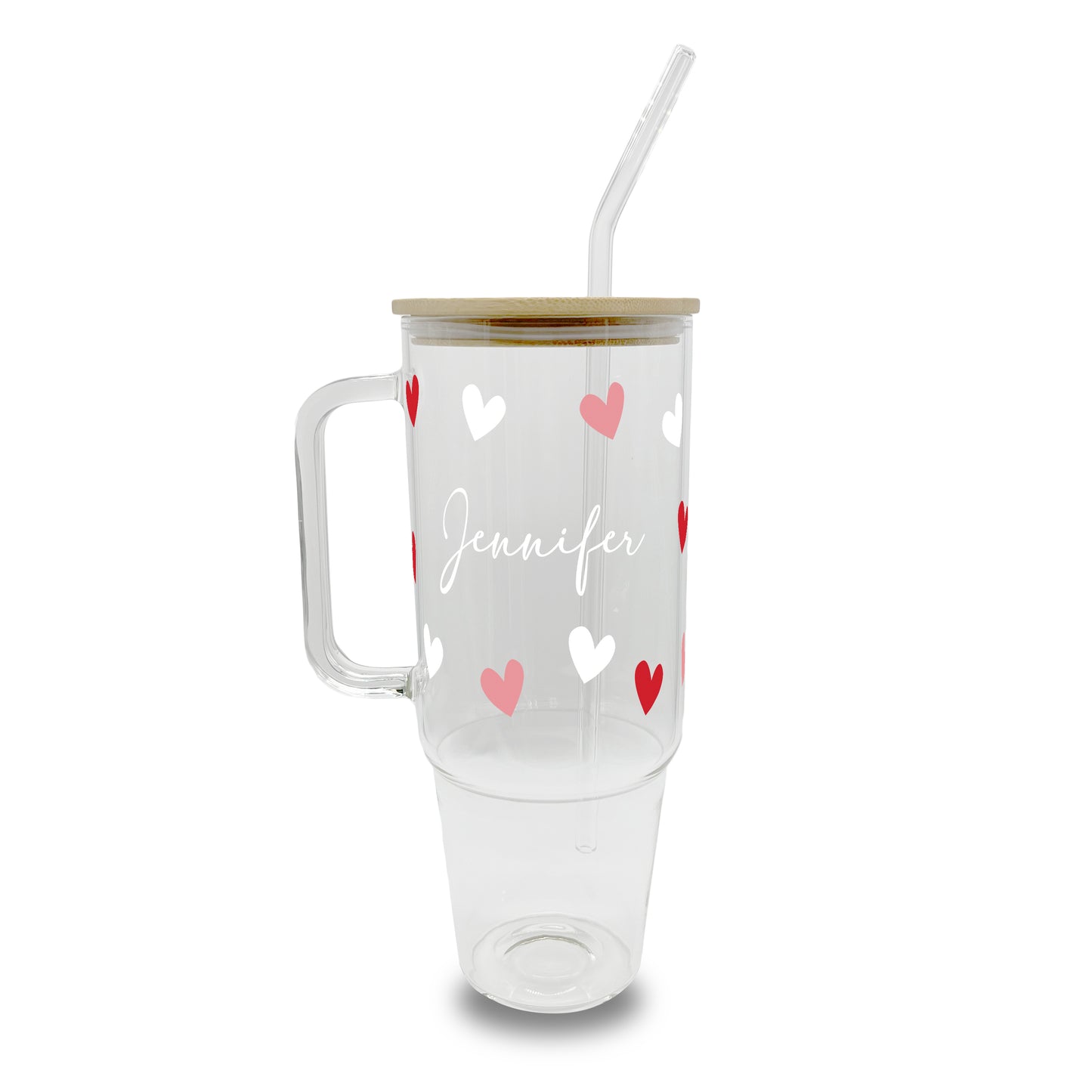 Personalized Hearts Glass or Plastic Tumbler with Lid and Straw