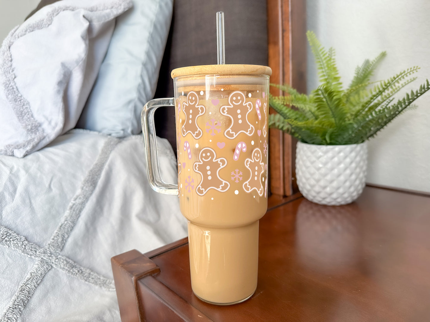 Pink Gingerbread, Peppermint, and Snowflake Christmas 40oz Glass Tumbler With Lid and Straw