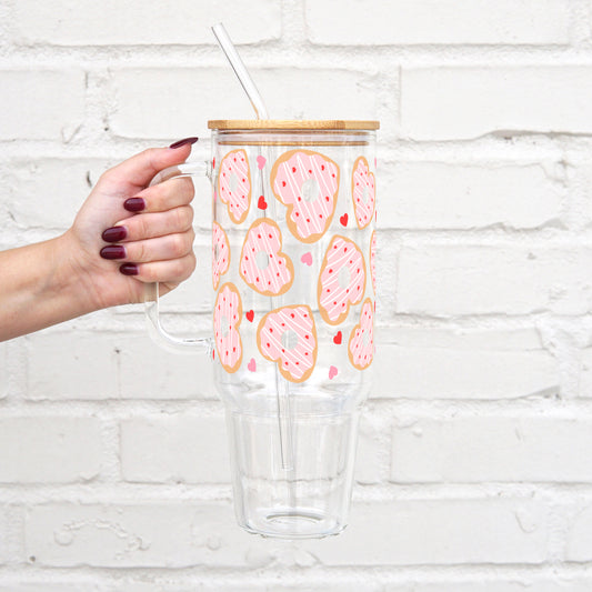 Valentine's Donut Hearts 40oz Glass Can Cup with Lid and Straw