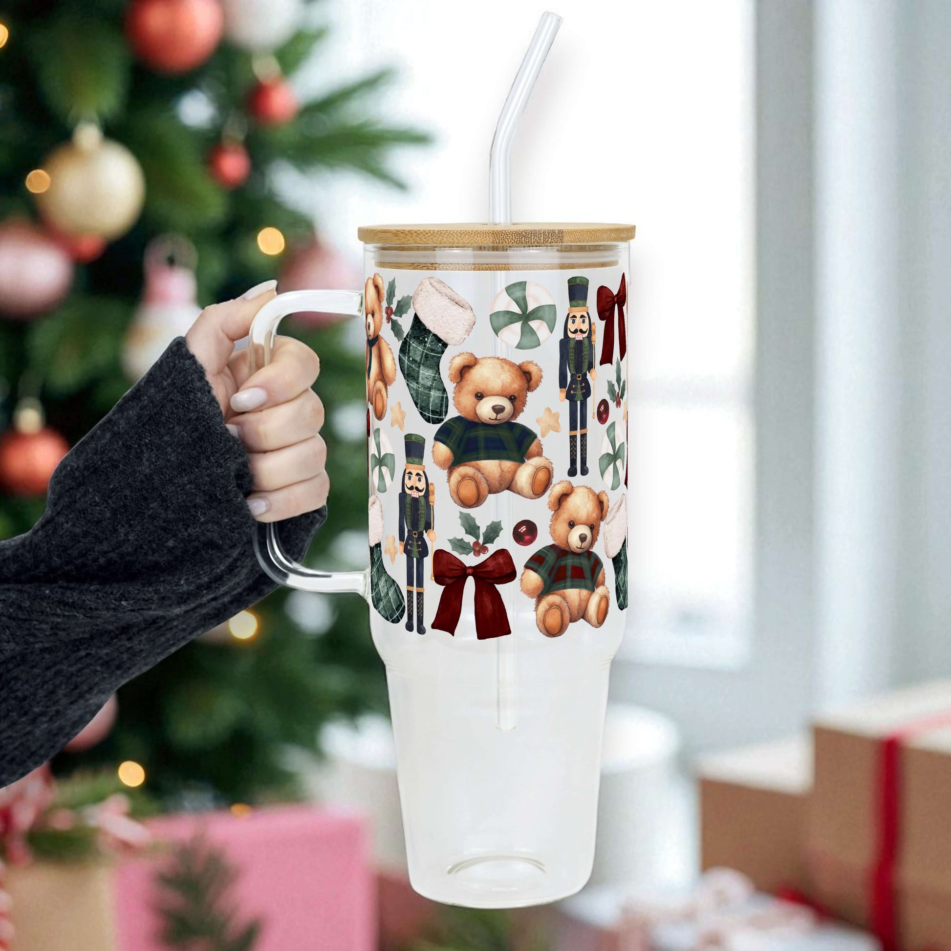 Plaid Teddy Christmas 40oz Tumbler with Handle Lid & Straw | Sip Sip Hooray