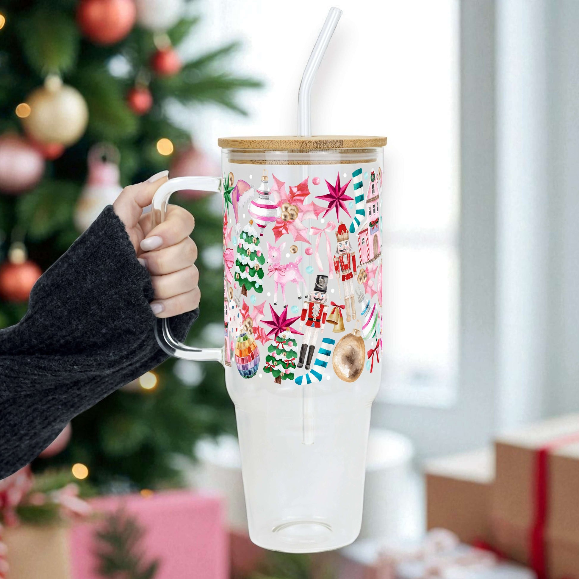 Whimsical Christmas 40oz Tumbler with Handle Lid & Straw | Sip Sip Hooray