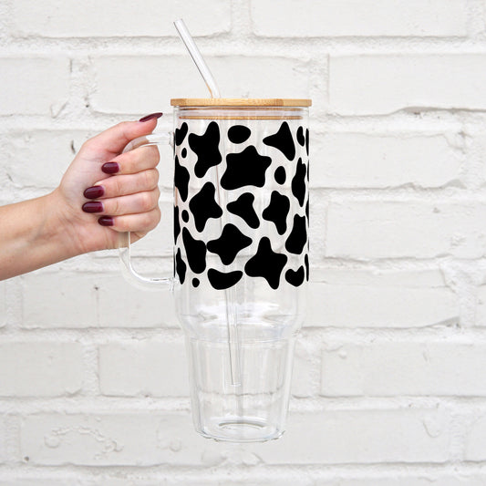 Cow Print 40oz Glass Tumbler With Lid and Straw