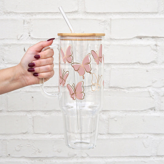 Pink Butterflies 40oz Glass Tumbler With Lid and Straw