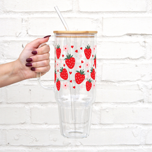 Strawberries, Flowers, and Daisies 40oz Glass Tumbler with Lid and Straw