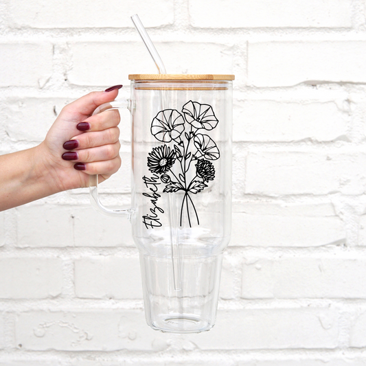 Personalized Birth Flower 40oz Glass Tumbler With Lid and Straw