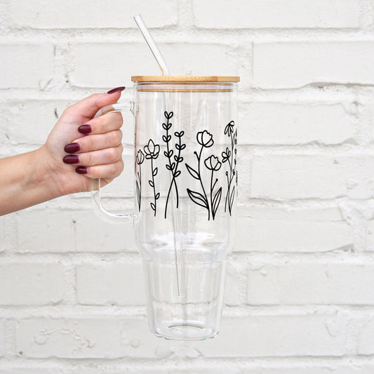 Wildflower 40oz Glass Tumbler with Lid and Straw