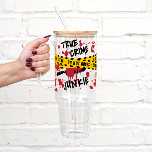 True Crime Junkie 40oz Glass Tumbler With Lid and Straw