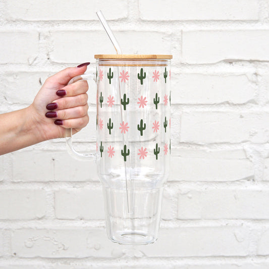 Western Mini Cacti 40oz Glass Tumbler With Lid and Straw