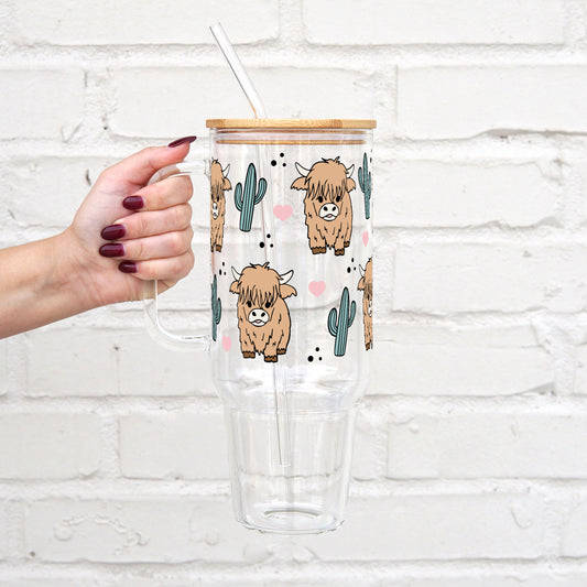 Fluffy Highland Cow With Cacti 40oz Glass Tumbler With Lid and Straw