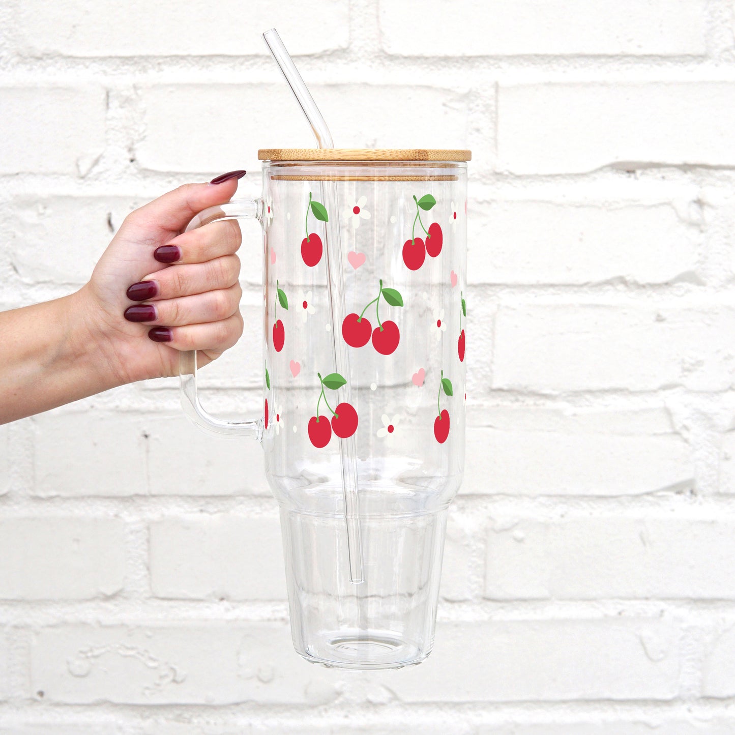 Cherry 40oz Glass Tumbler With Lid and Straw