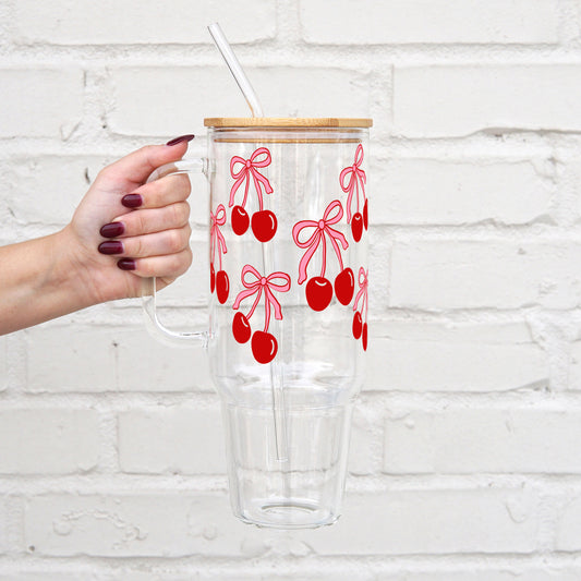 Cherries and Bows 40oz Glass Tumbler With Lid and Straw