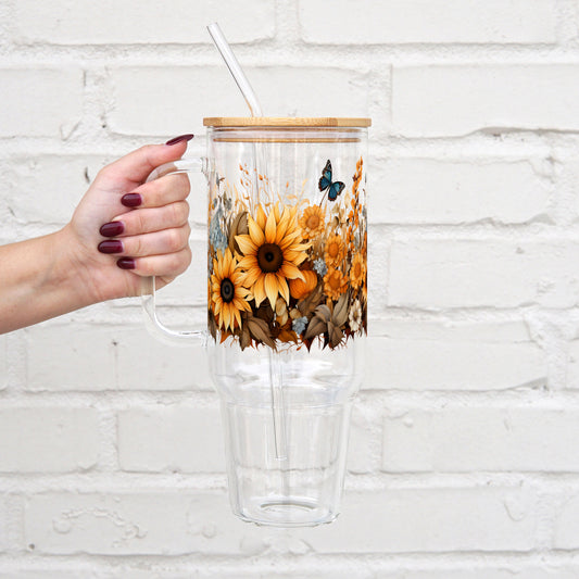 Sunflower 40oz Glass Tumbler With Lid and Straw