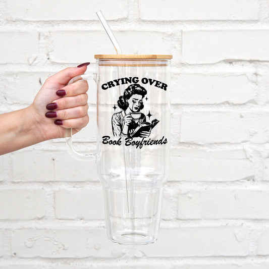 Crying Over Book Boyfriend 40oz Glass Tumbler With Lid and Straw